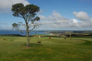 Kauri Cliffs The putting green and the bay of islands in the background ; the panorama is terrific.